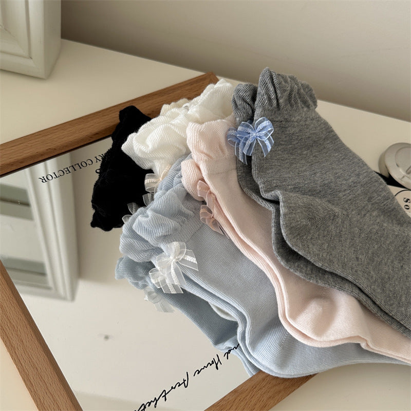 Coquette Ruffle Cuff Crew Socks, Sheer Bow Embellished Mid-Calf Socks, Women's Sweet Balletcore Socks In Pastel & Neutral Tones