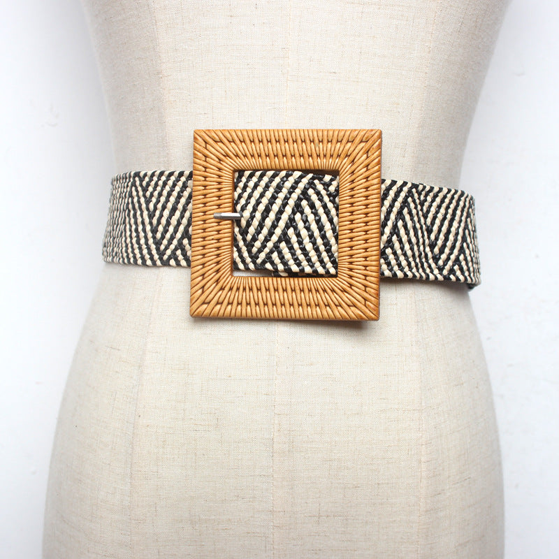 Women's Braided Wide Belt With Square Buckle