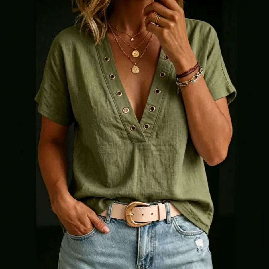 Loose-fitting Casual V-neck Short-sleeve Solid-color Womens Shirt