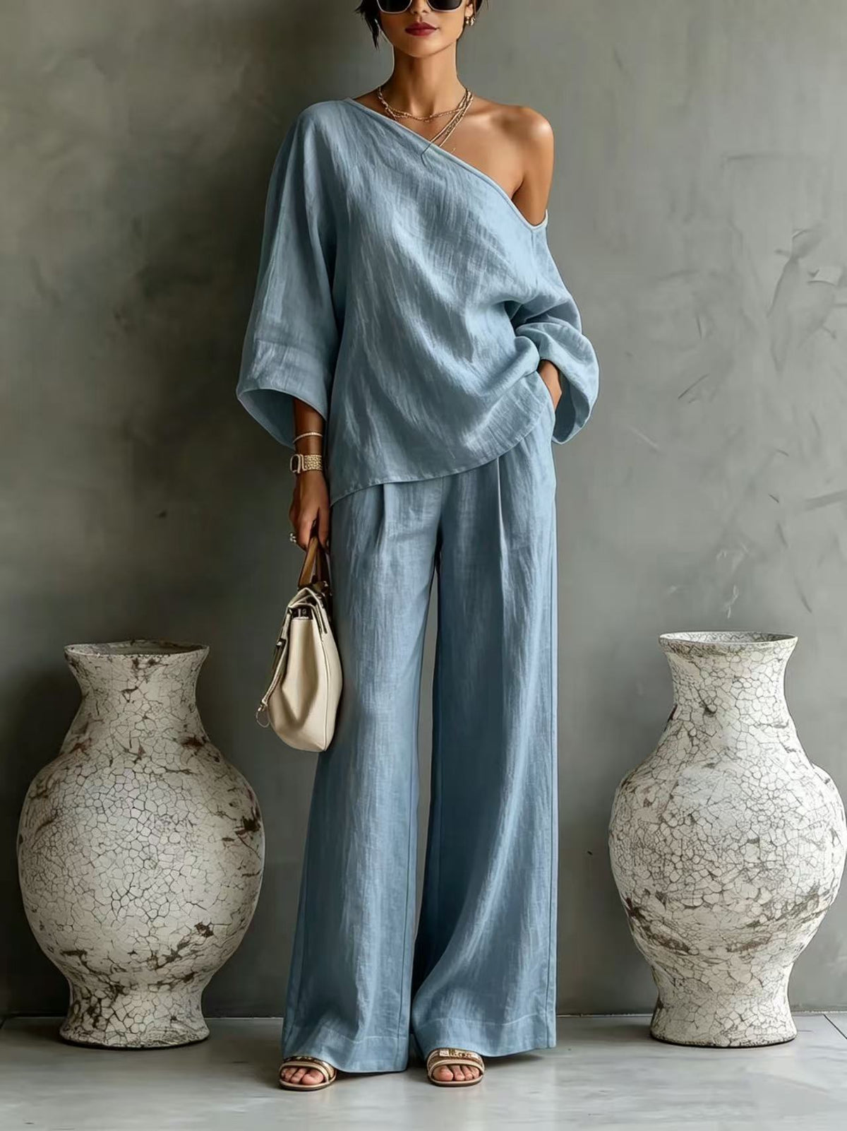Elegant Off-shoulder Top And Loose Wide-leg Pants Set In A Relaxed, Laid-back Style
