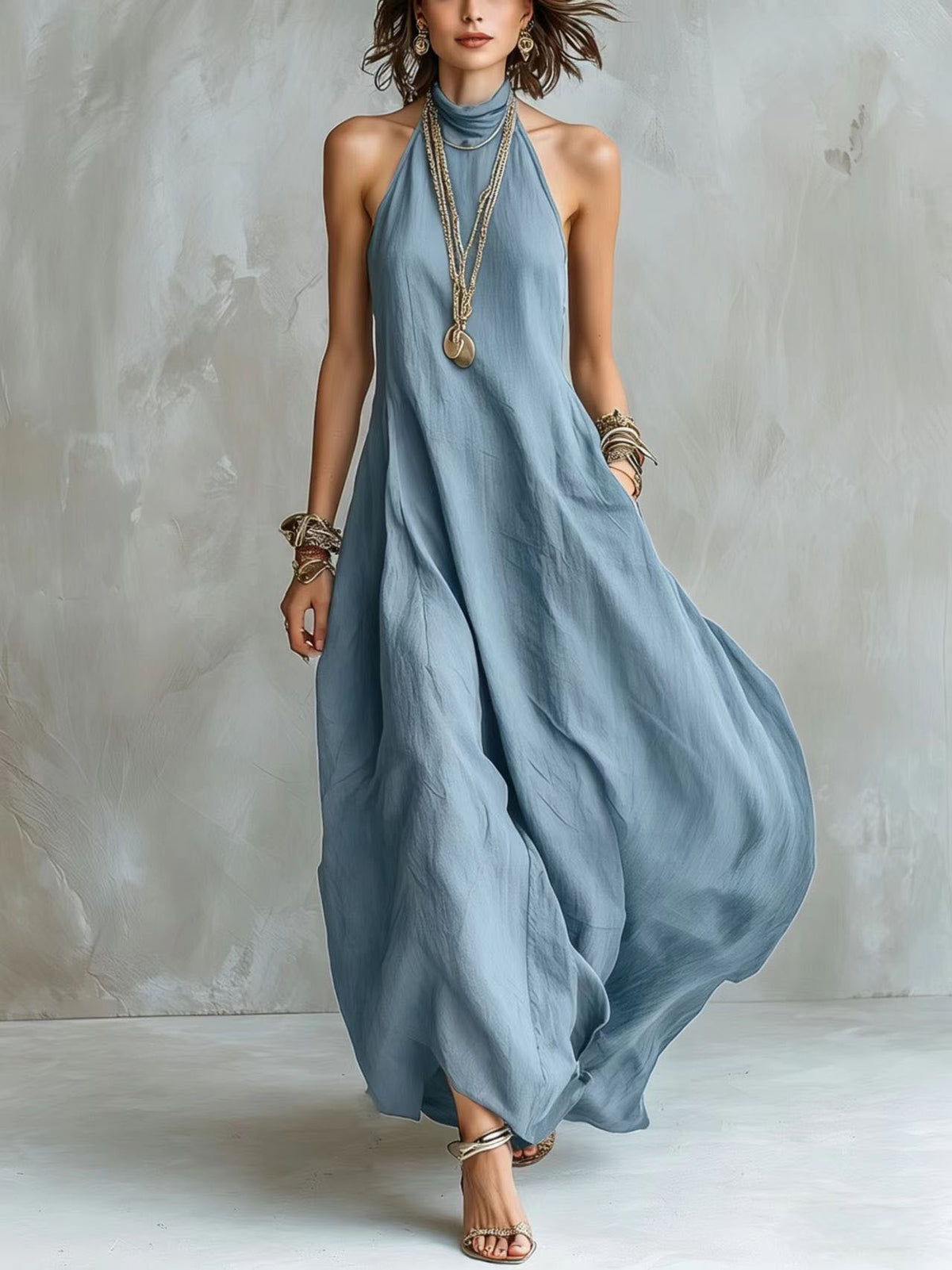 Off-shoulder Loose-fitting Maxi Womens Halterneck Dress