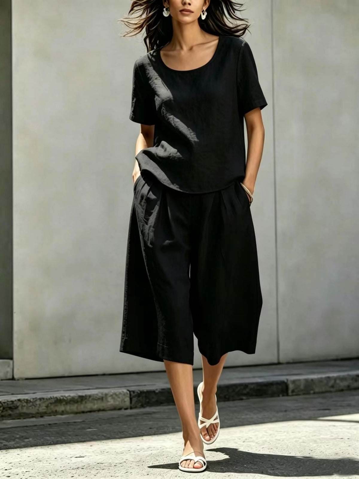 Cotton-linen Casual Loose-fitting Short-sleeve Top And Shorts Set