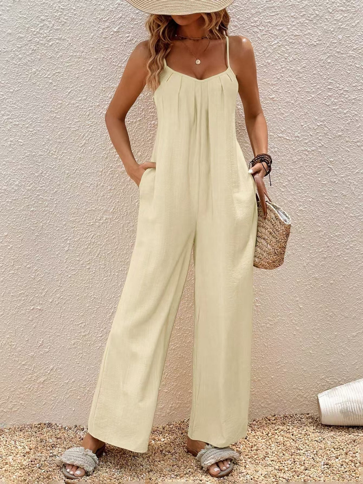 Adjustable-strap Jumpsuit Vacation Style Solid Color Elegant