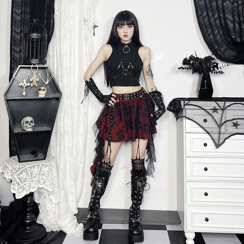 Black Plaid Polka-Dot Mesh Irregular Tutu Skirt