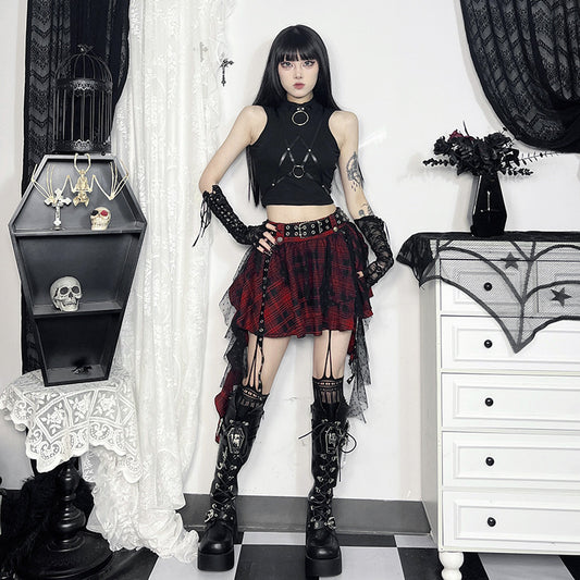 Black Plaid Polka-Dot Mesh Irregular Tutu Skirt