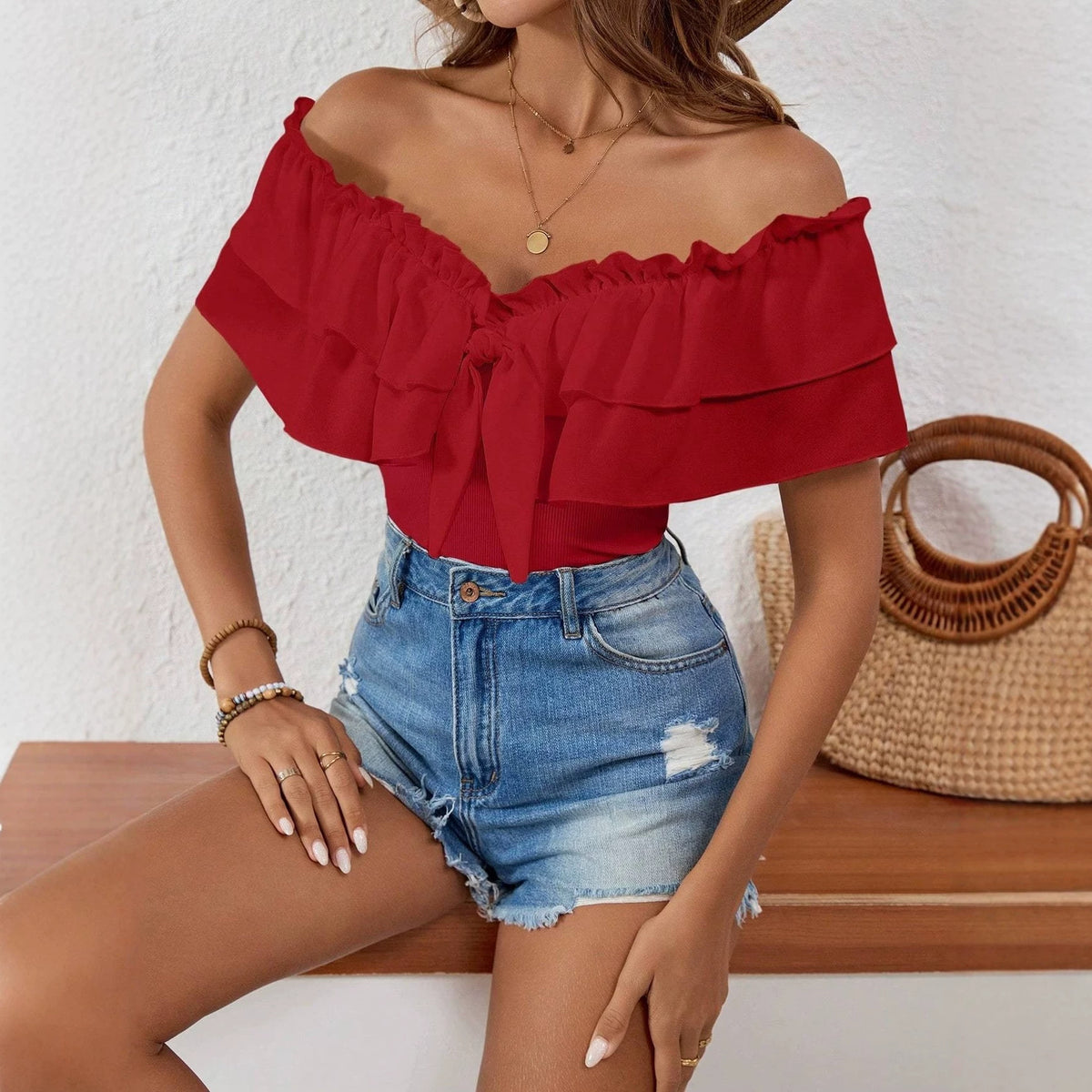 Stylish And Elegant Off-shoulder Top With Ruffled Trim And A Tie Belt