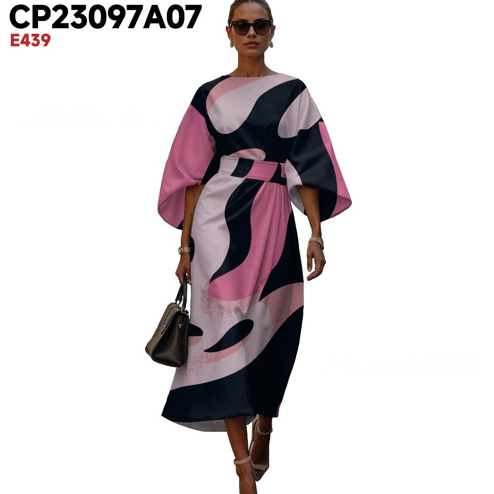 Womens Fashionable Casual Printed Crew-Neck Dress