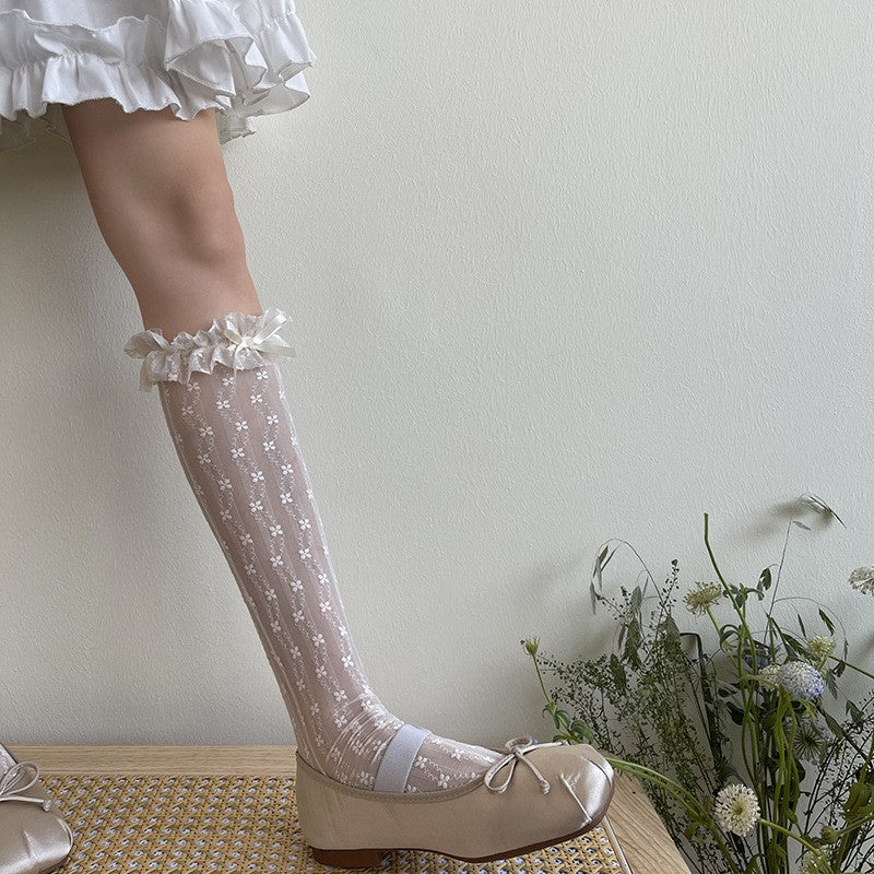 Lace Bow Light Mesh Girl Midsole Calf Pile Socks Women Solid Color