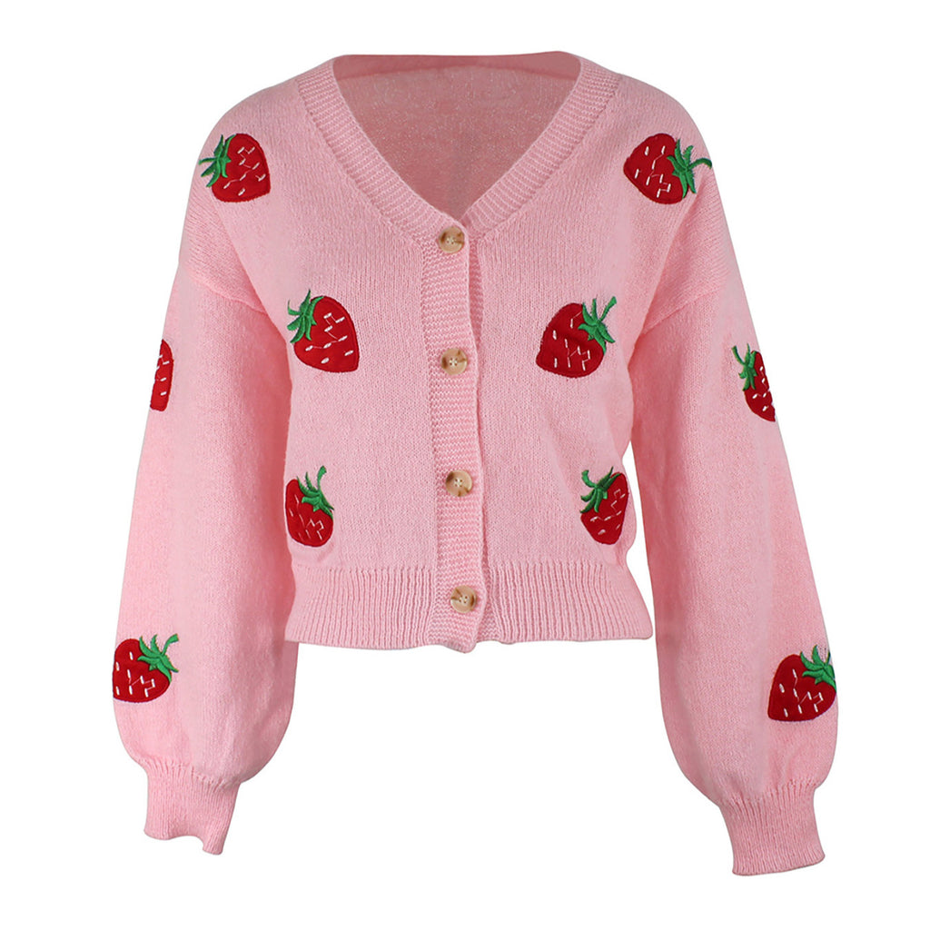 Long-sleeve Cardigan With Strawberry Embroidery Springautumn Jacket