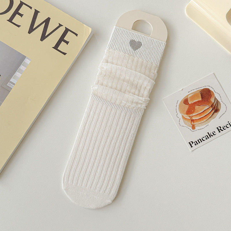 Coquette Heart Embroidered Sheer Ribbed Crew Socks, Off-White See-Through Mesh Socks, Women's Sweet Casual Socks For Mary Janes & Summer