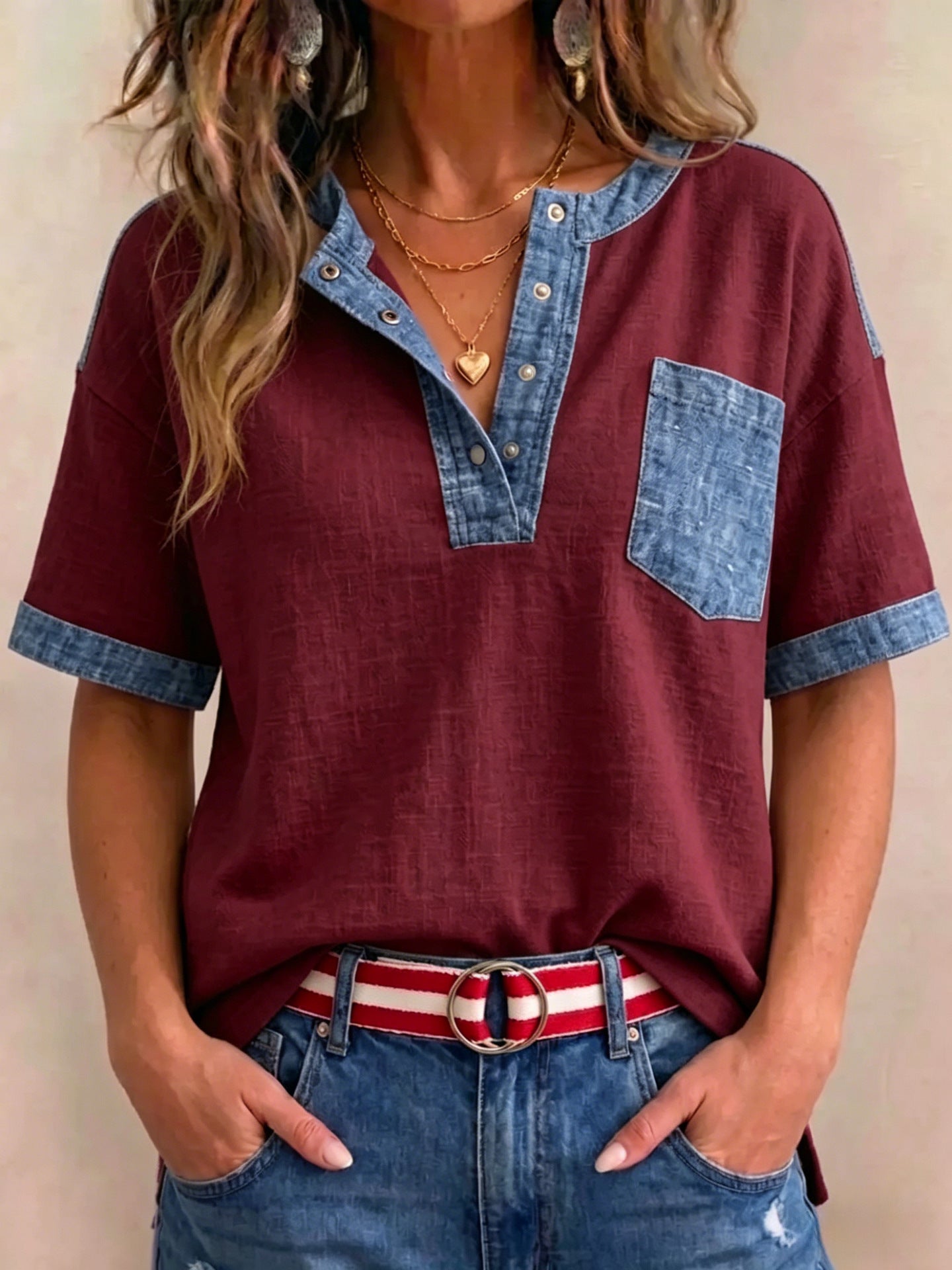 Women's Casual Loose-Fitting Patchwork Short-Sleeve Top