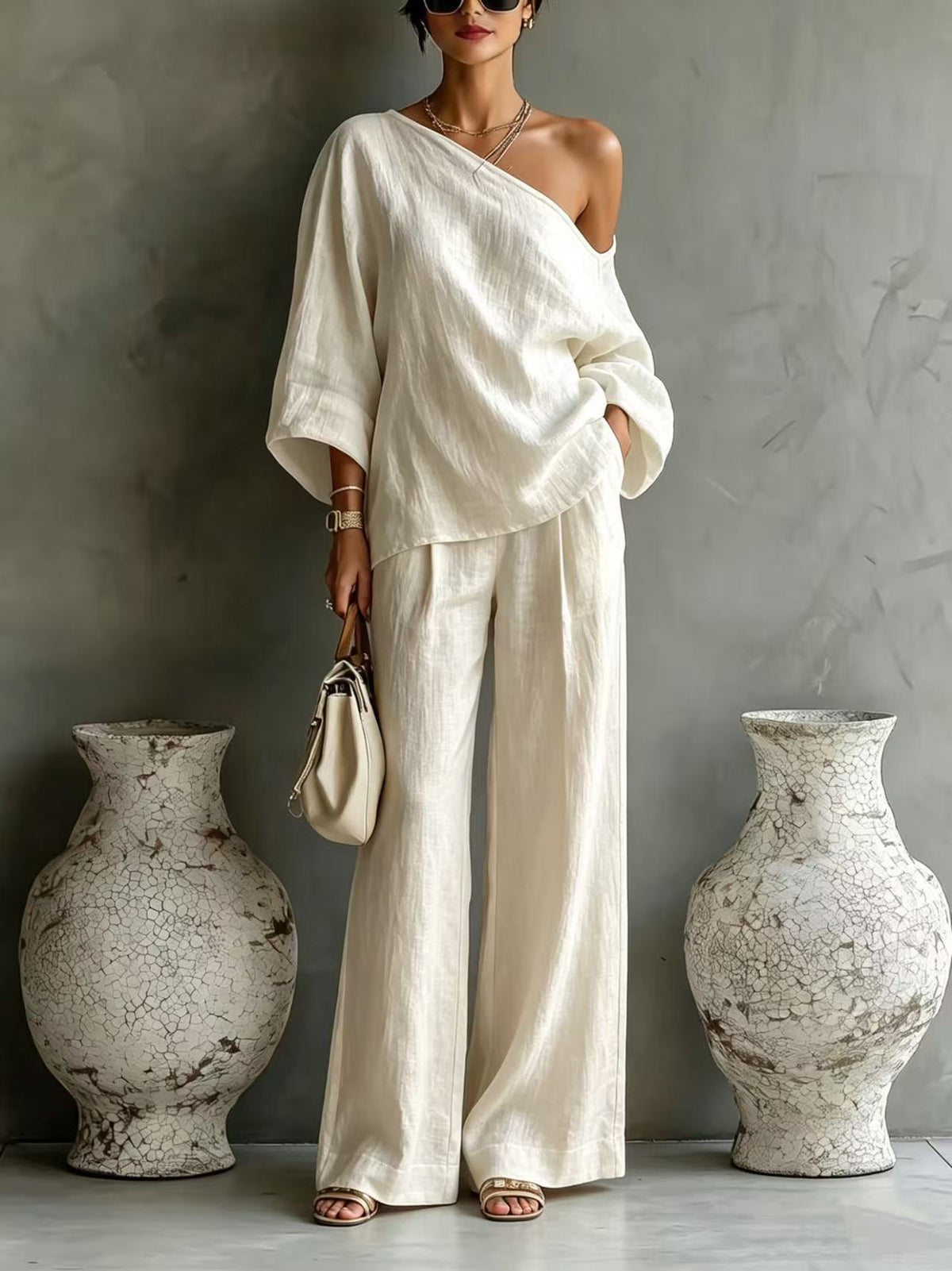 Elegant Off-shoulder Top And Loose Wide-leg Pants Set In A Relaxed, Laid-back Style
