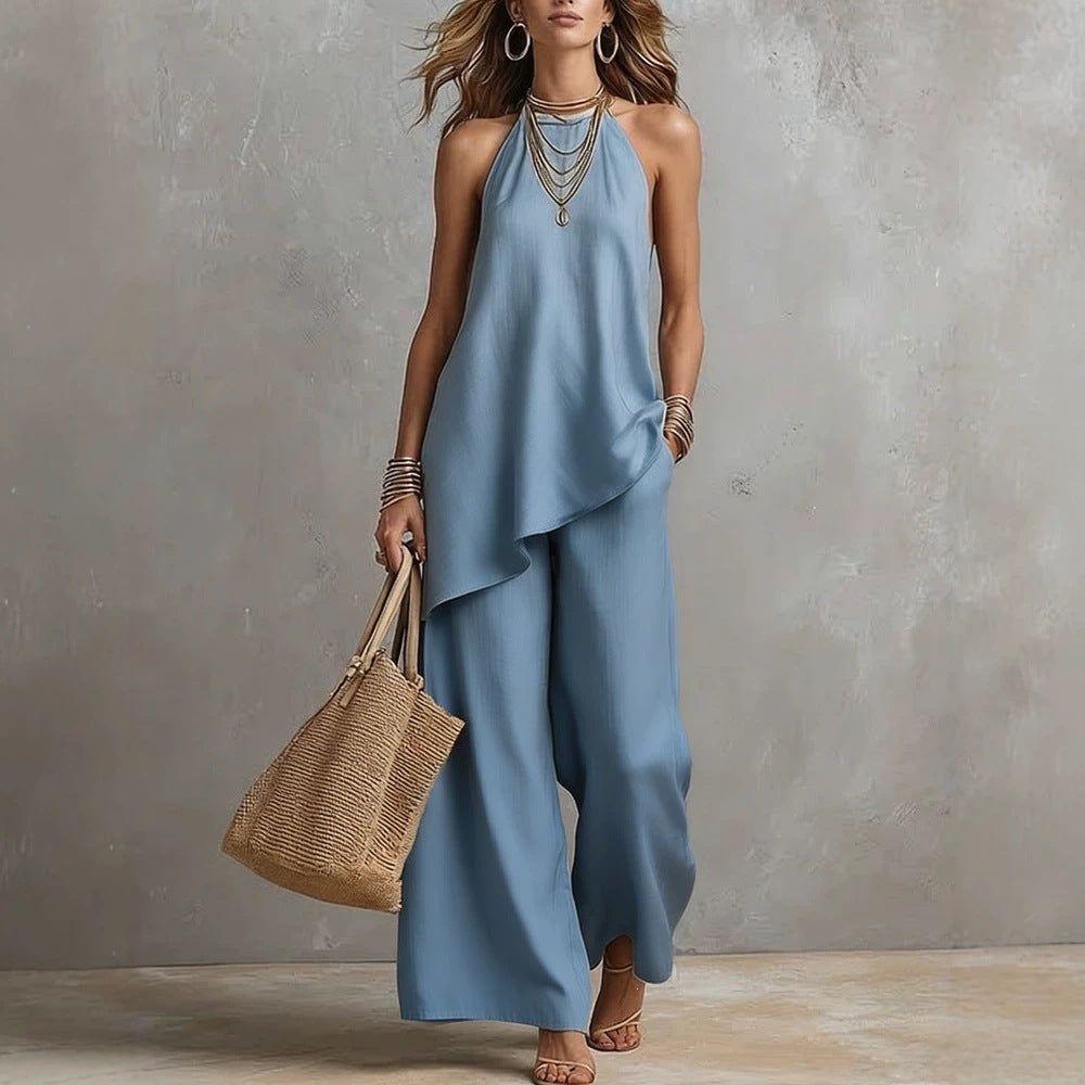 Womens Casual Crew-Neck Vest And Long Pants Set