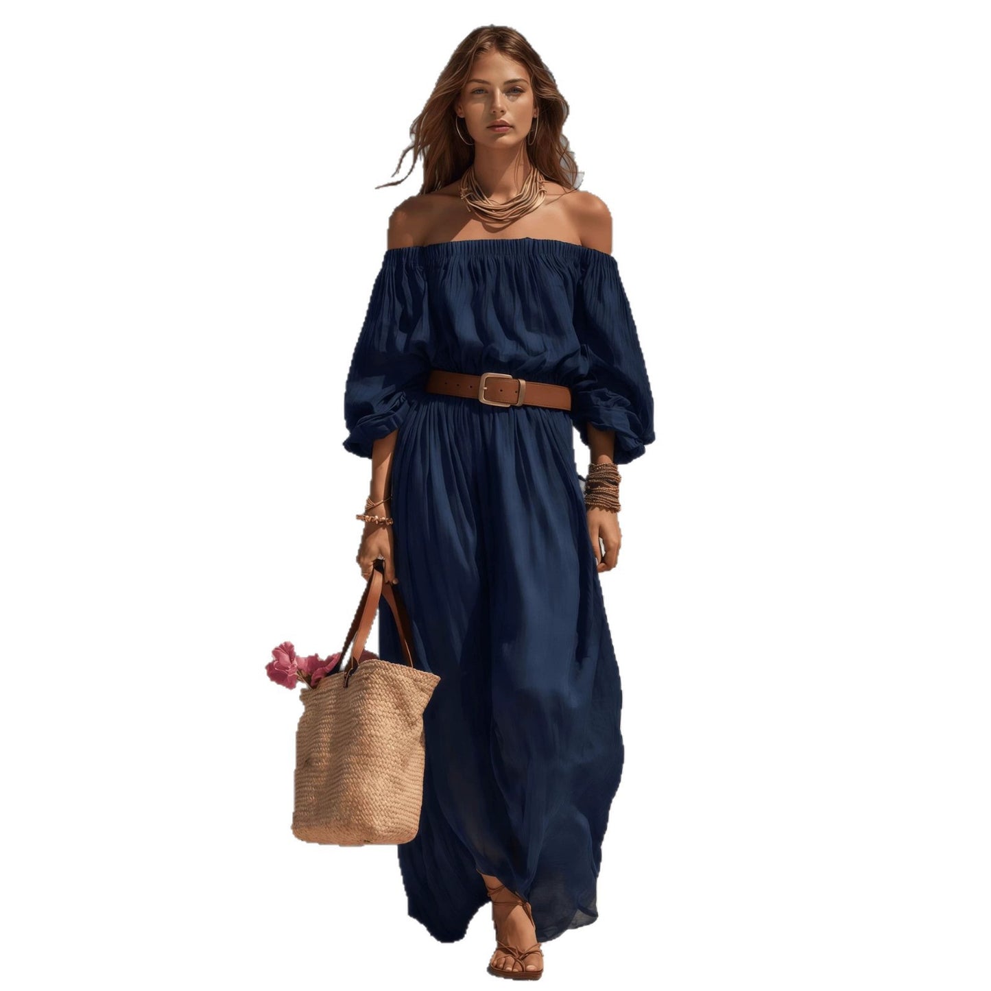 Womens Boat-Neck Sleeveless Casual Cotton-Linen Maxi Dress