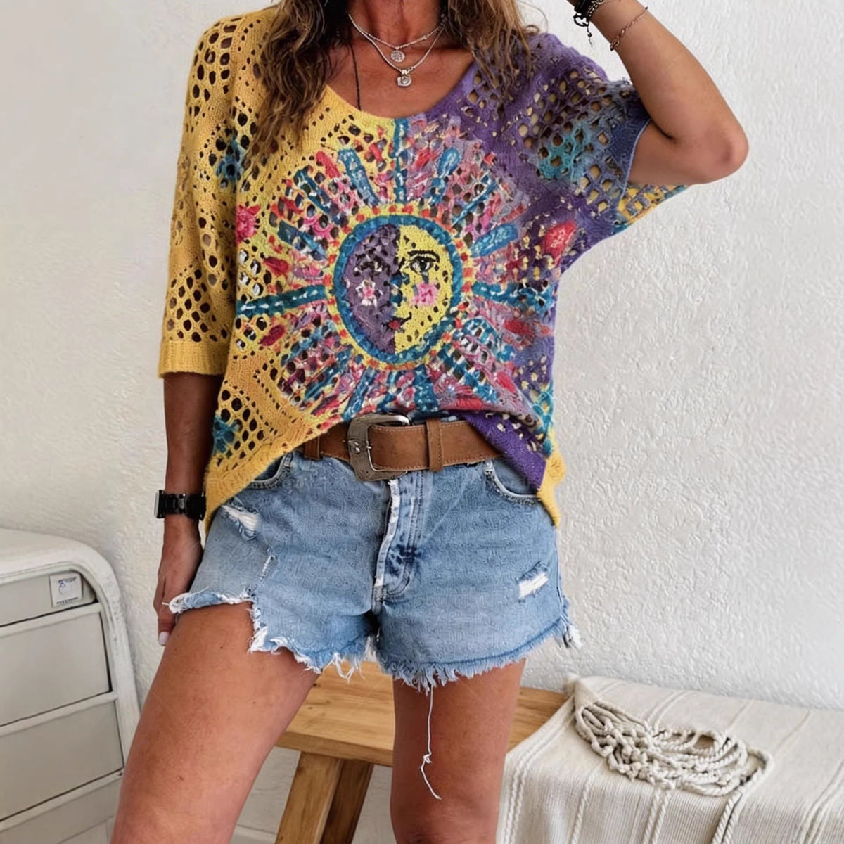 Womens Hollowed-Out Batwing-Sleeve Sweater With 3D Knitted Print