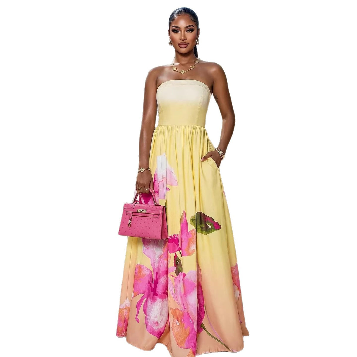 Fashionable Strapless Off-Shoulder Slim-Fit Printed Evening Gown Pleated Dress