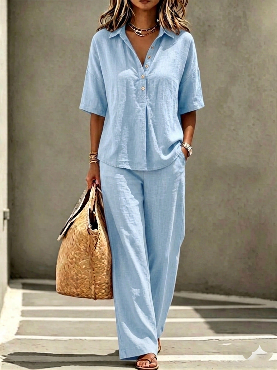 Womens Polo-Neck Button-Up Top And Wide-Leg Pants Two-Piece Set