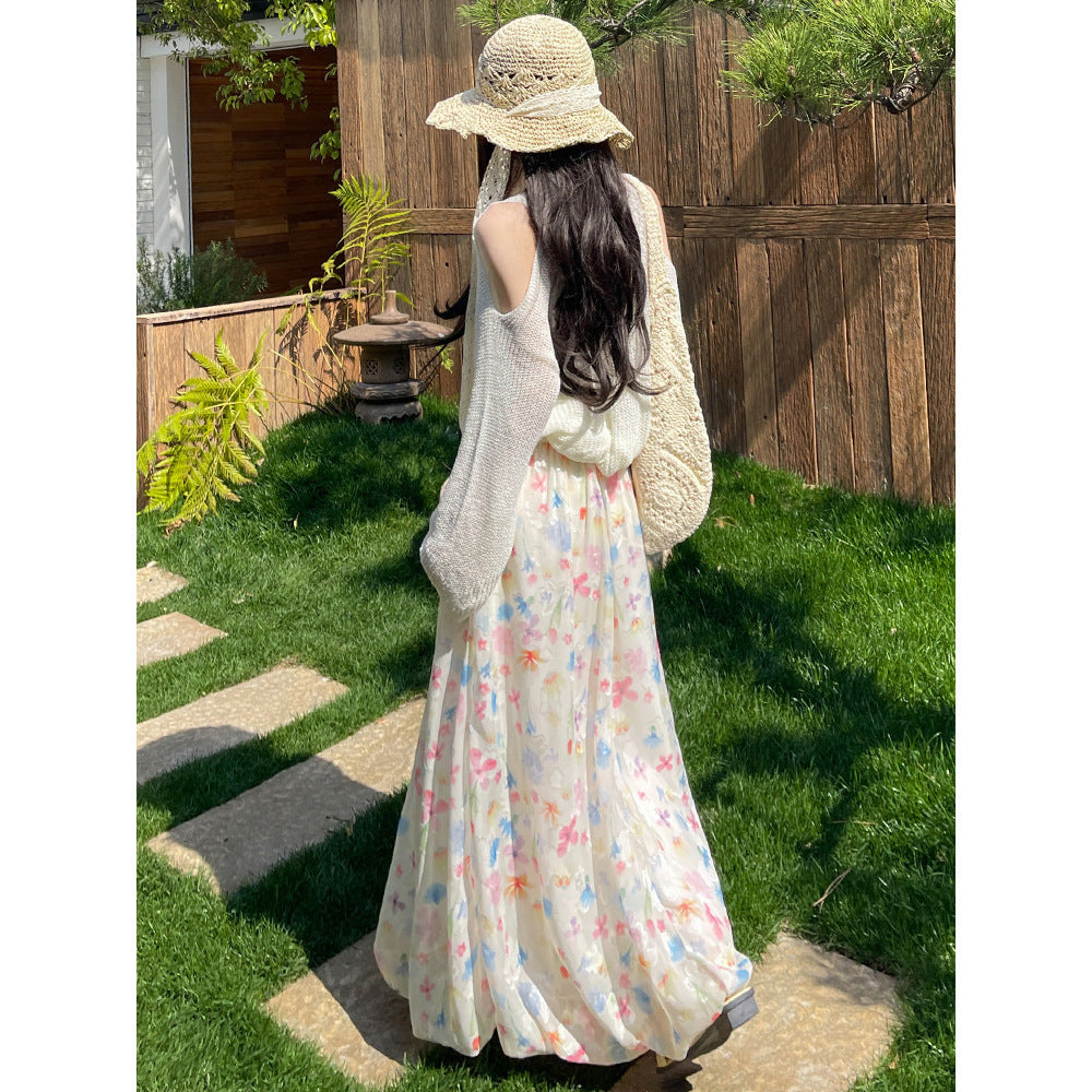 Contrast-color High-waisted Cloud-patterned Midi Puffy Skirt