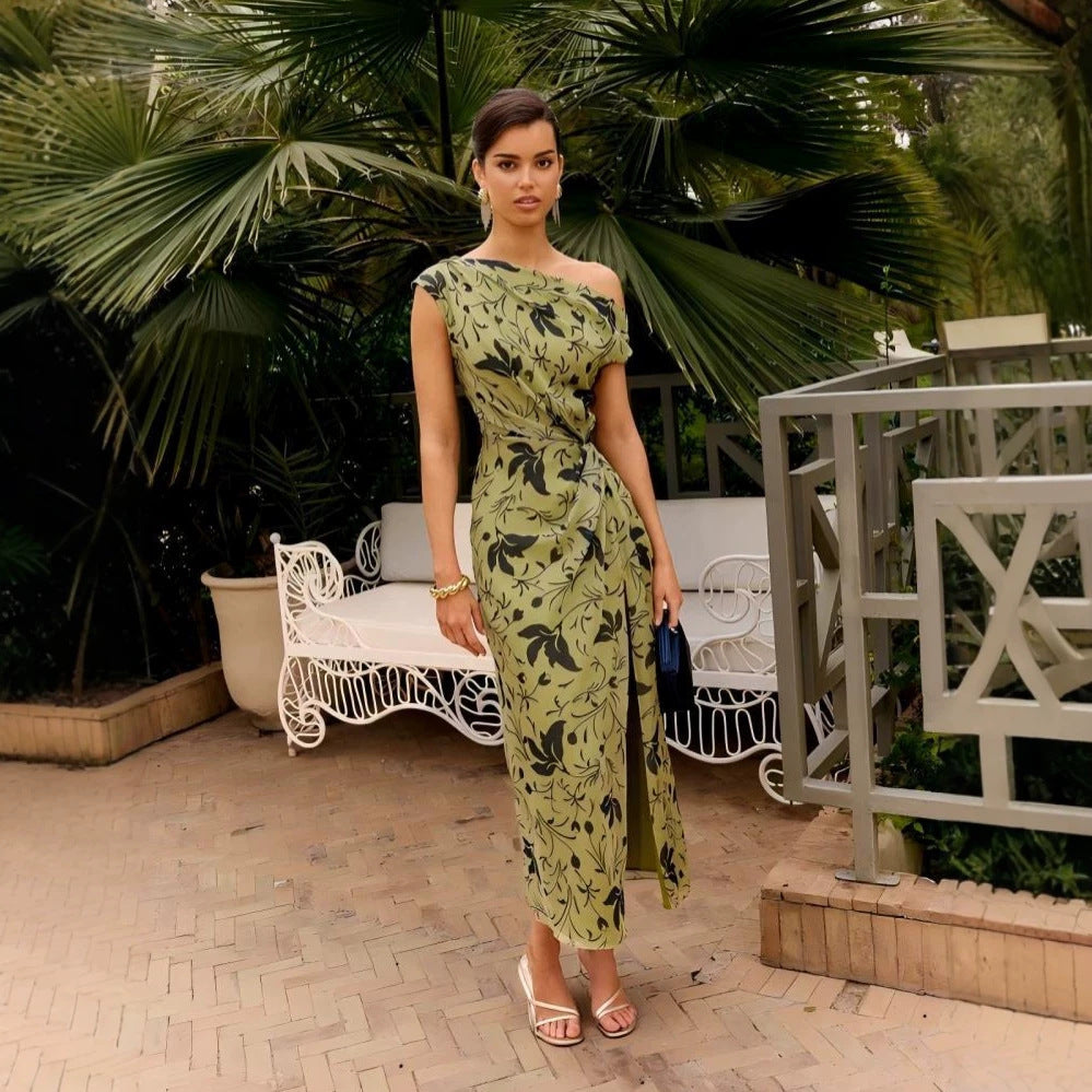 Women's Printed One-Shoulder Elegant Dress