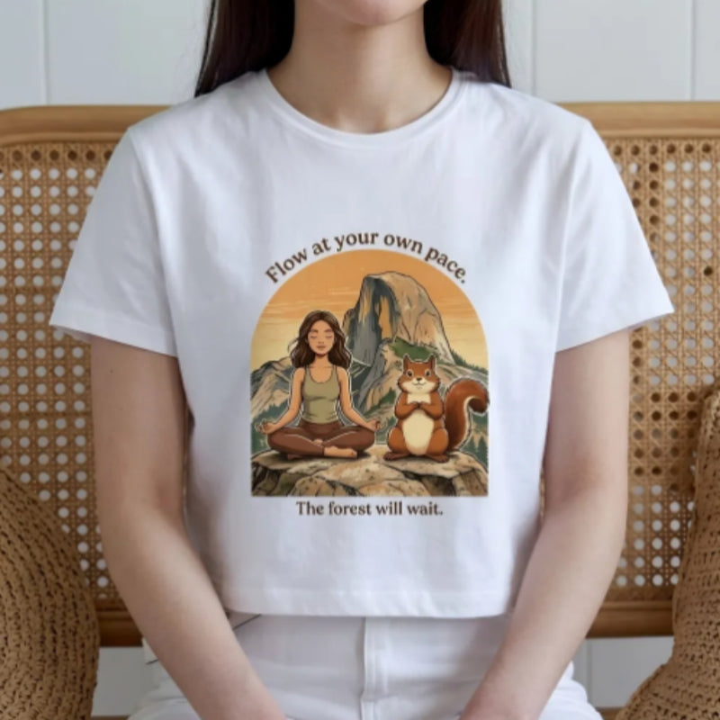 Yoga Squirrel Graphic T-Shirt Flow At Your Own Pac  Meditation Tee Aesthetic Vintage Mountain Nature Shirt For Mindfulness  Zen Lovers