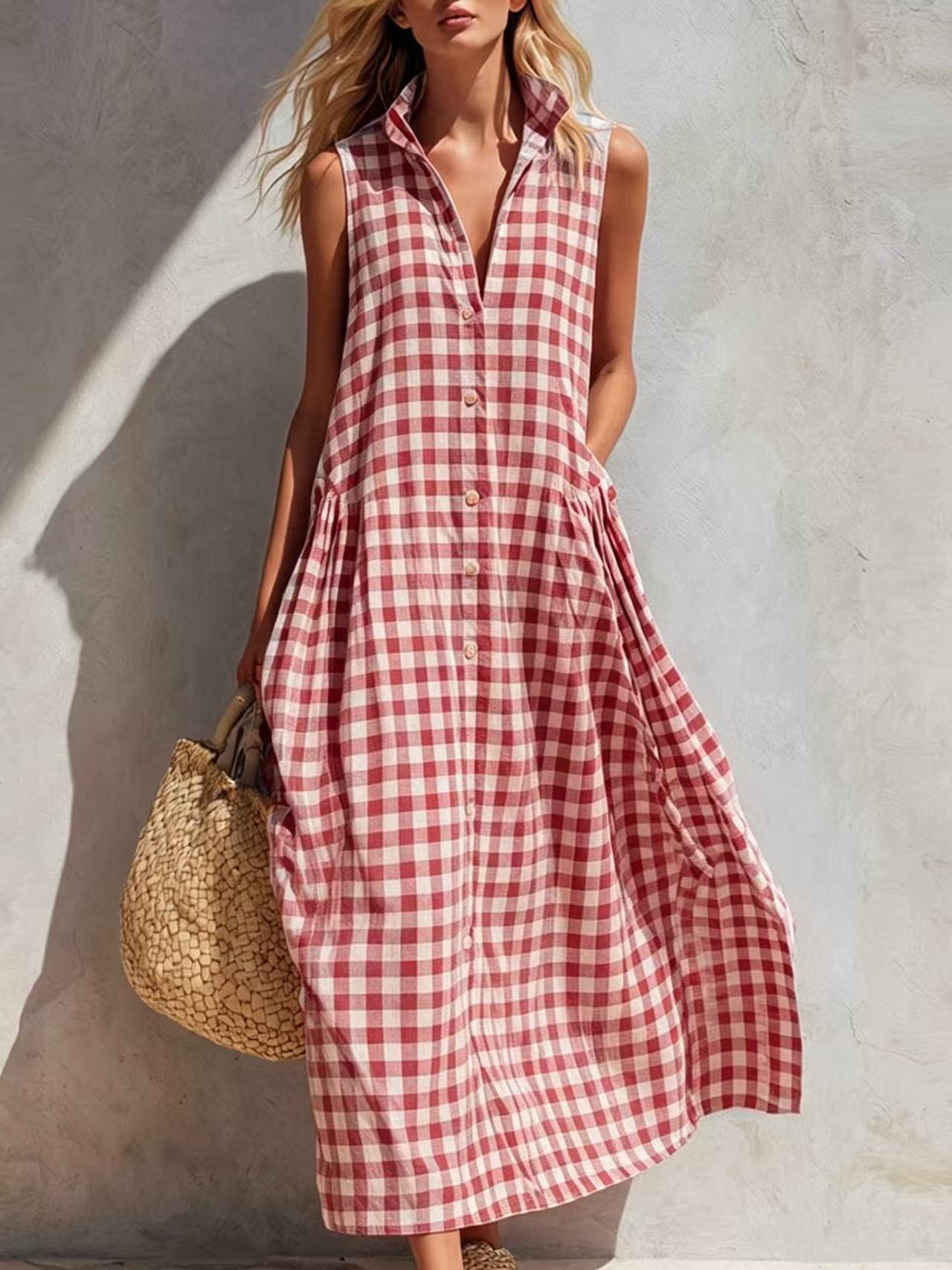 New Summer Beach Plaid Loose Long Dress