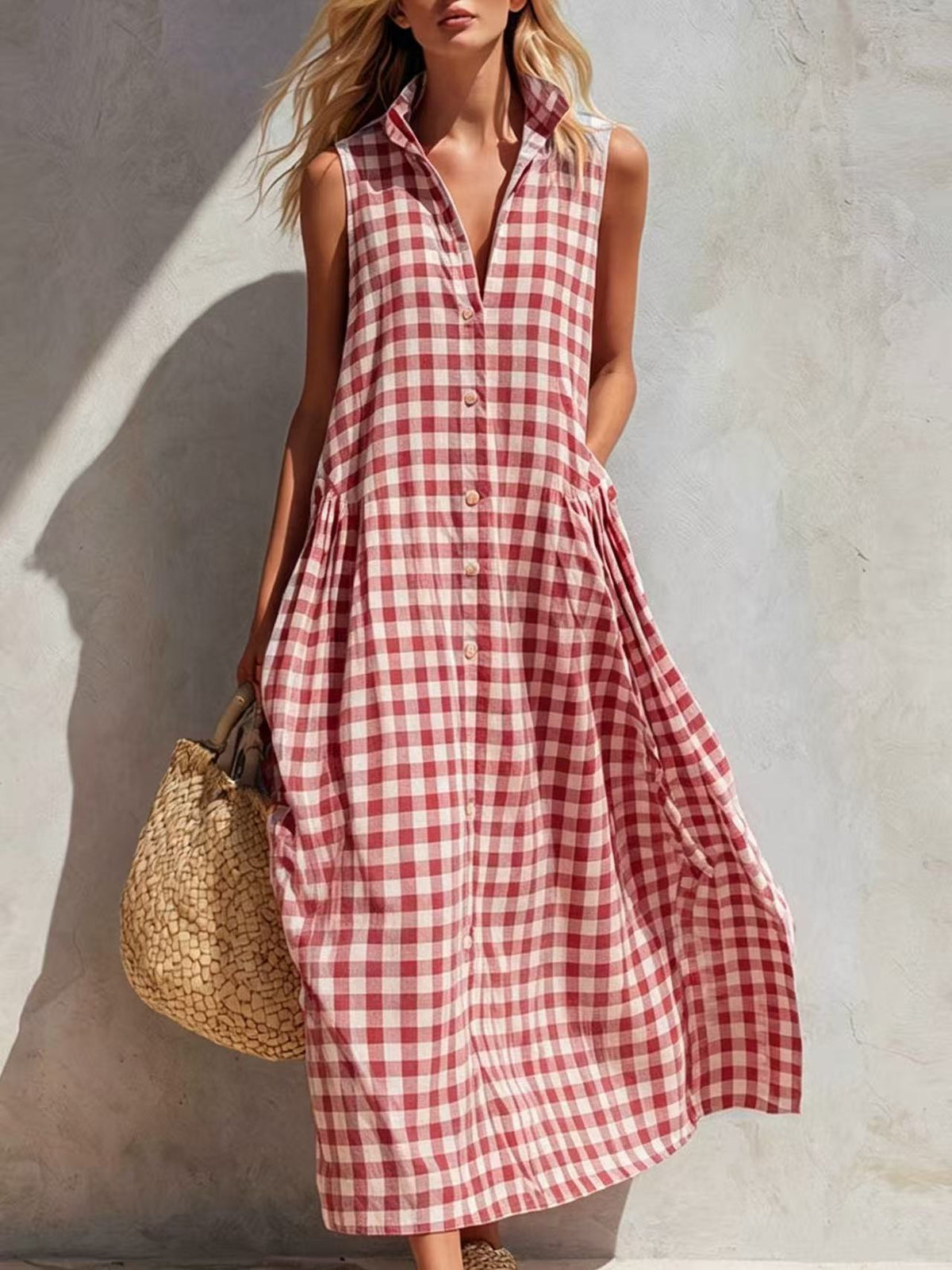 New Summer Beach Plaid Loose Long Dress