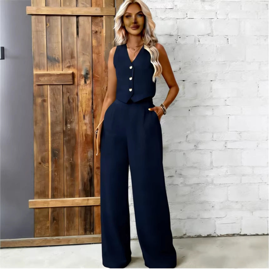 Womens Fashion Plus-Size Buttoned Vest Set