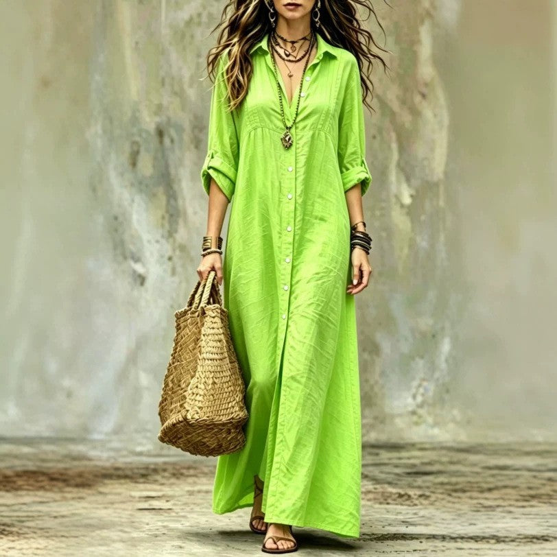 Shirt-collar Floor-length Casual Simple Long Dress