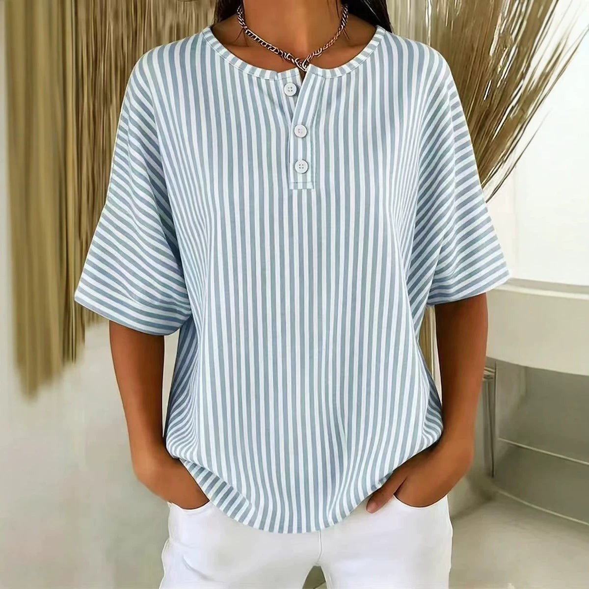 Womens Casual Solid Color V-Neck Buttoned Striped T-Shirt