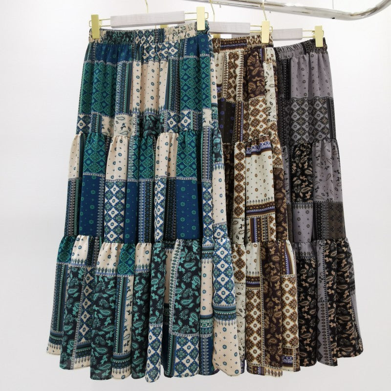 Ethnic-style Color-block Printed Midi Skirt
