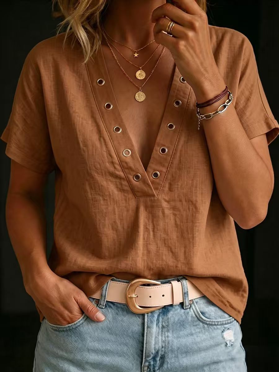 Loose-fitting Casual V-neck Short-sleeve Solid-color Womens Shirt