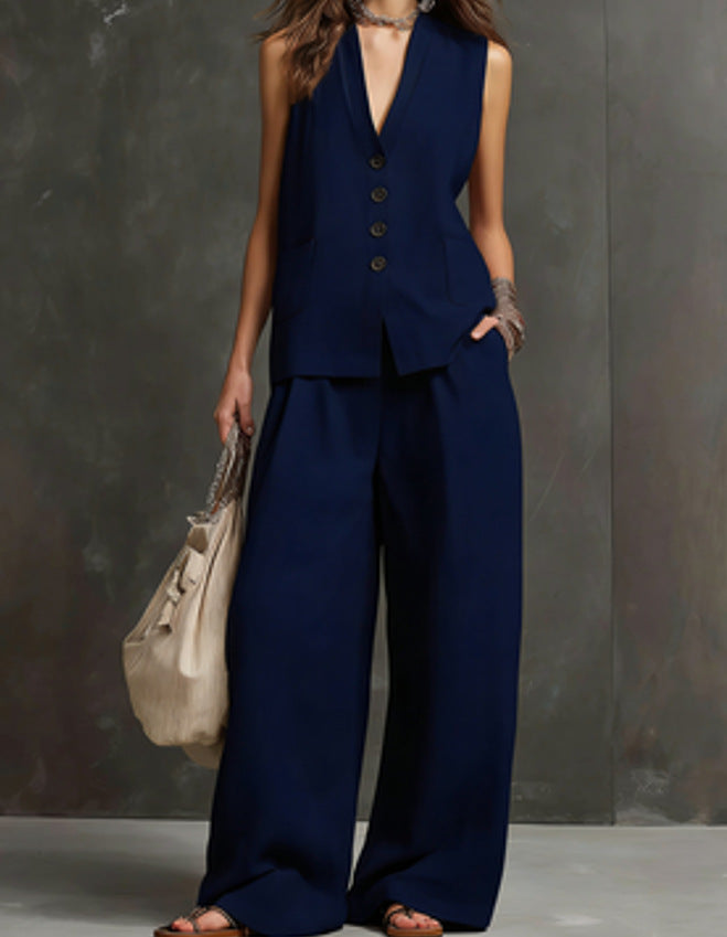Women's Linen 2-Piece Outfit, Sleeveless Vest & Wide Leg Pants Set