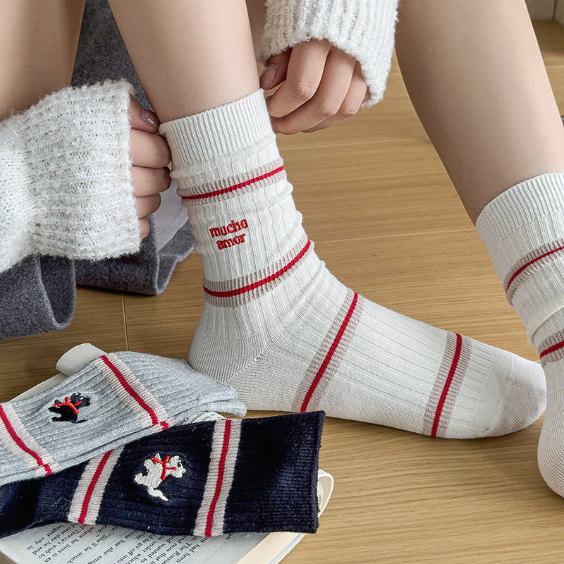 Retro Striped Ribbed Crew Socks, Mucho Amor & Dog Embroidered Casual Socks, Women's Preppy Style Mid-Calf Socks In Black, White & Grey