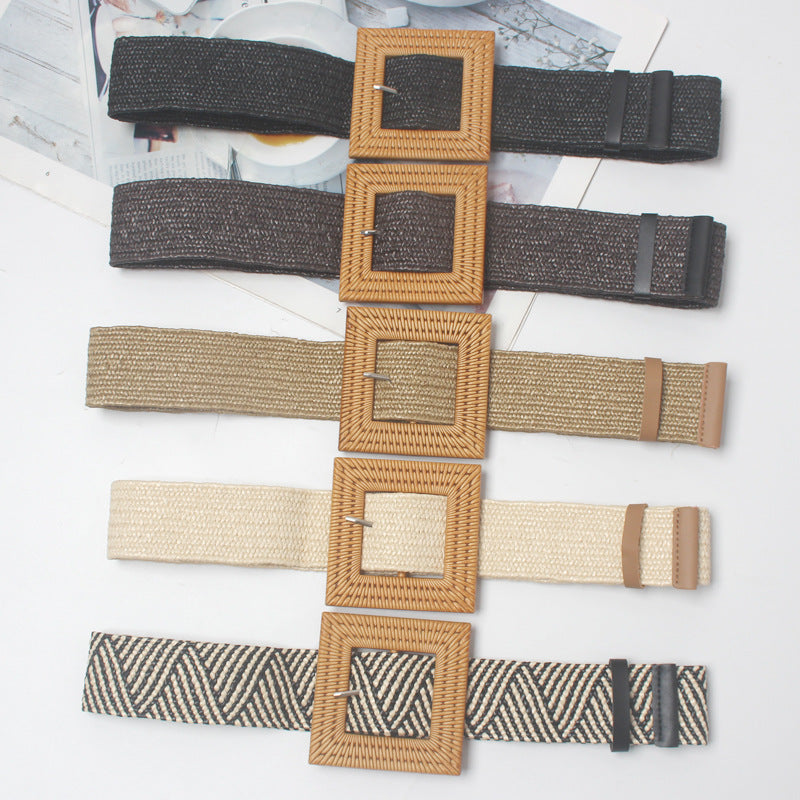 Women's Braided Wide Belt With Square Buckle