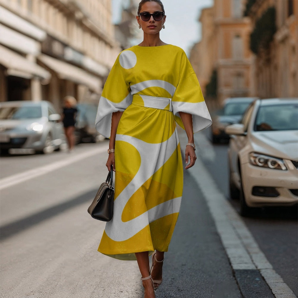 Womens Fashionable Casual Printed Crew-Neck Dress