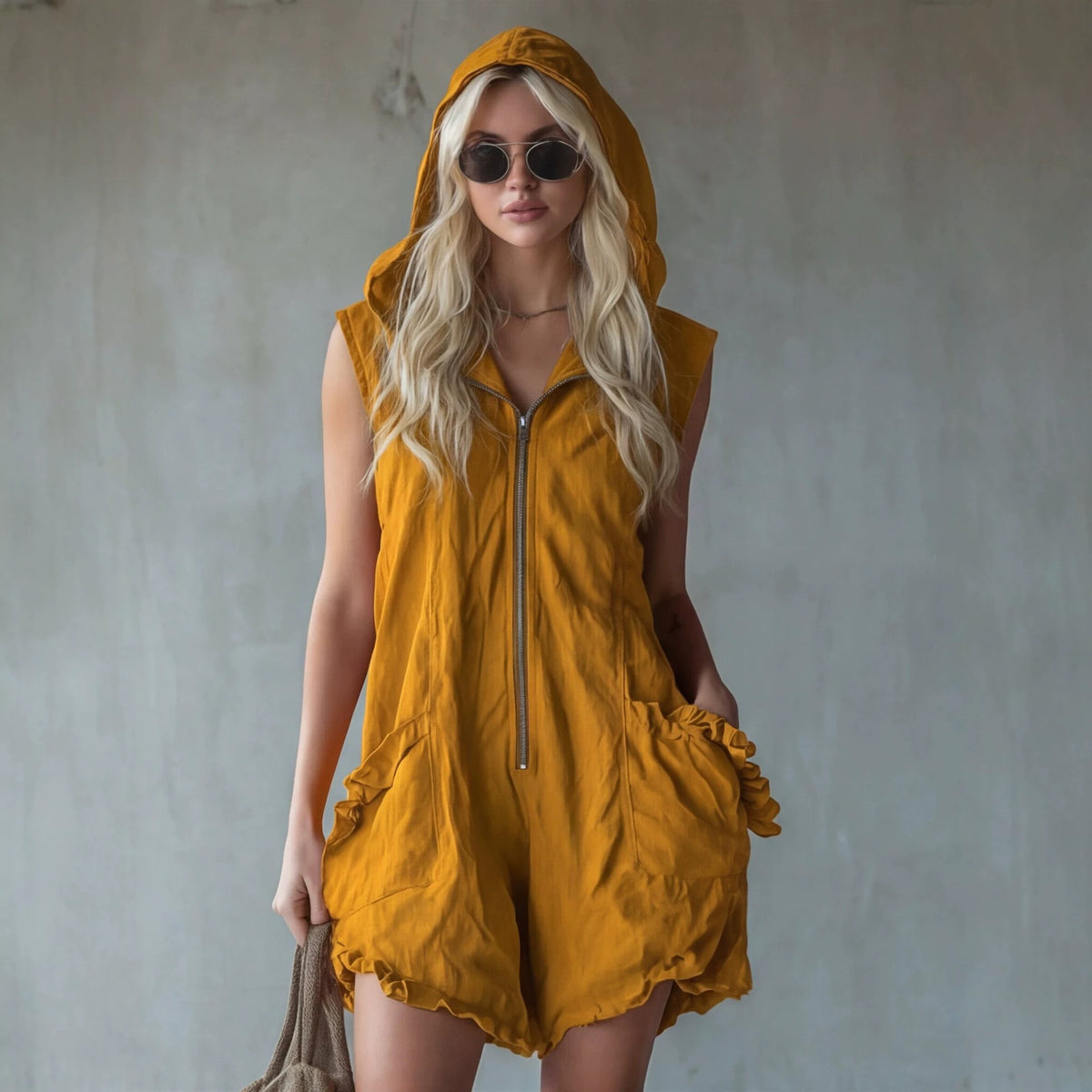 Retro-style Hooded Zip-up Sleeveless Cropped Cotton-linen Jumpsuit