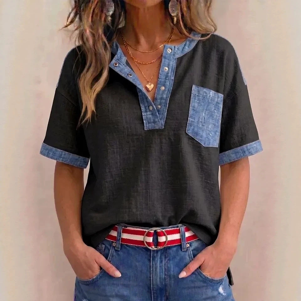 Women's Casual Loose-Fitting Patchwork Short-Sleeve Top