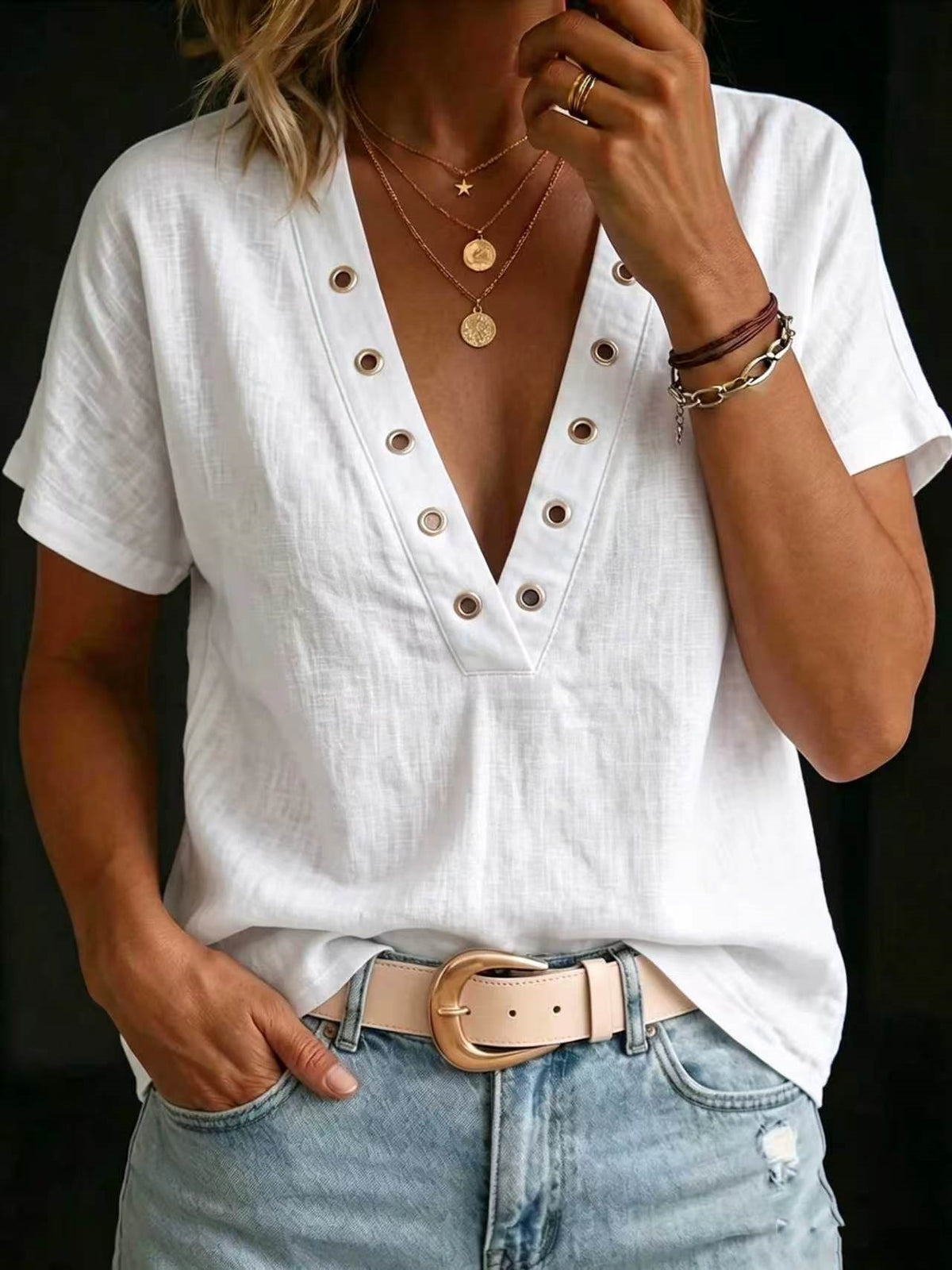 Loose-fitting Casual V-neck Short-sleeve Solid-color Womens Shirt