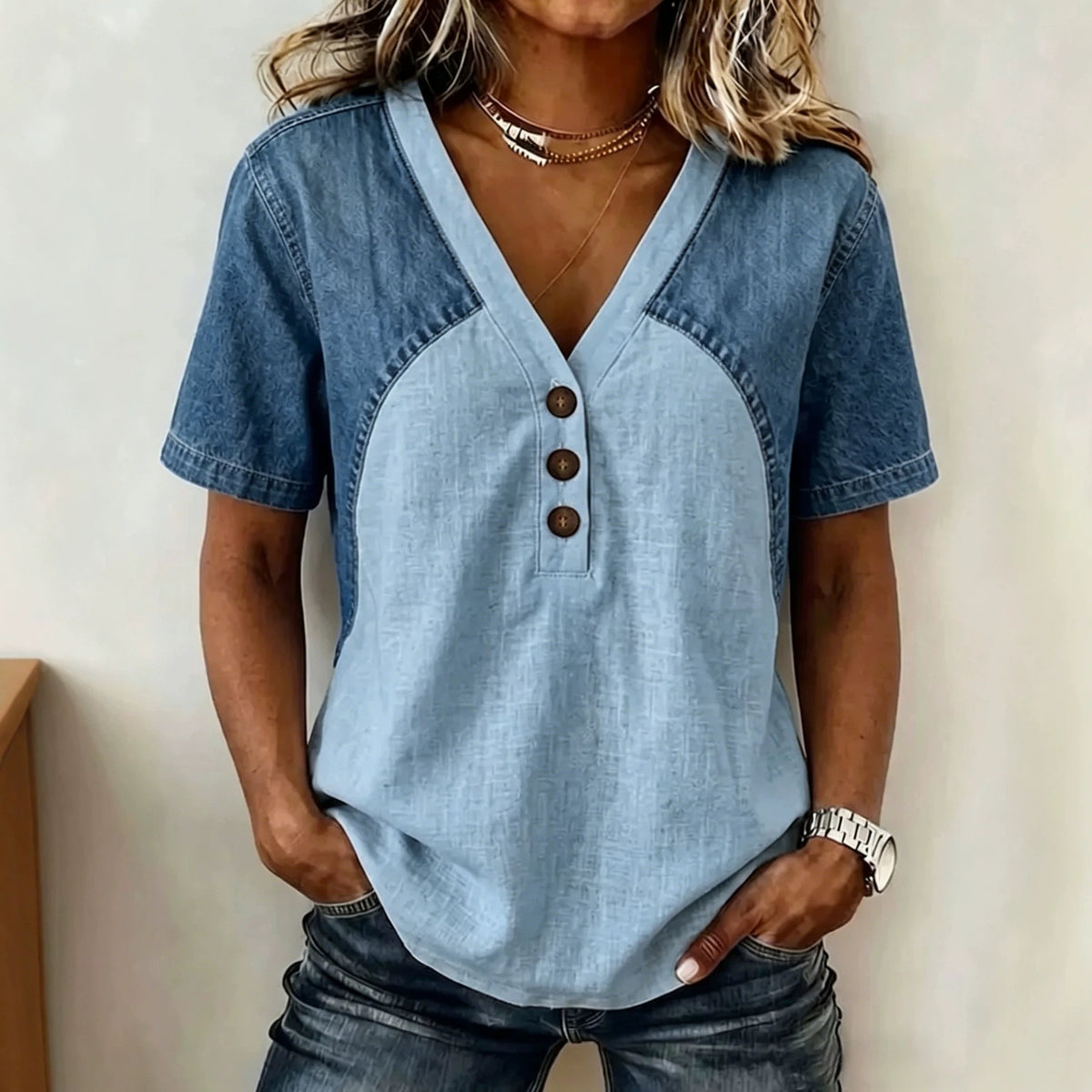 Fashionable Trendy Womens Loose Denim Patchwork T-Shirt