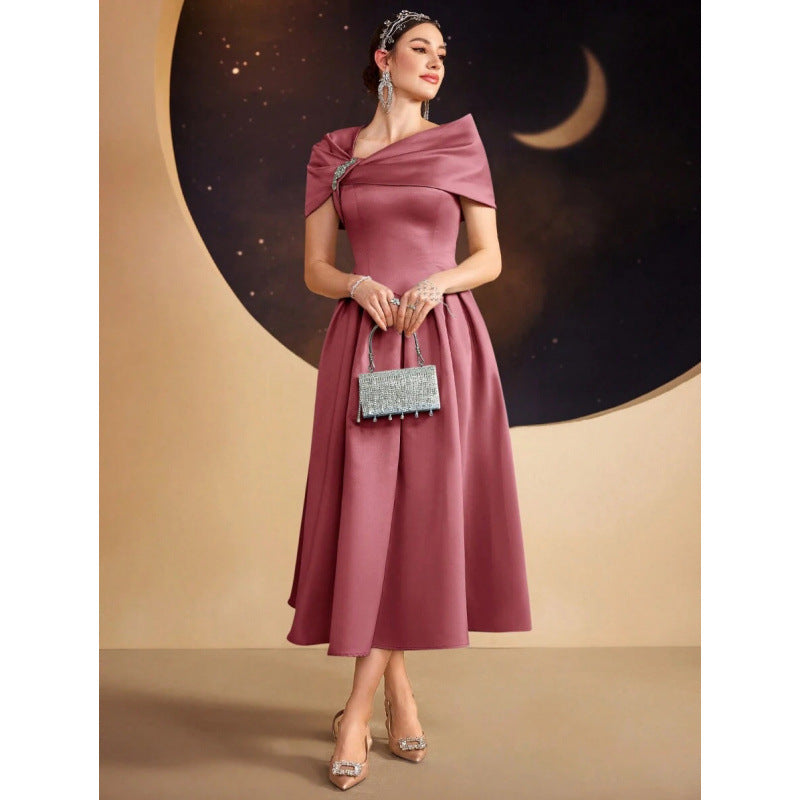 Womens Slim-fit Elegant Off-shoulder Waist-cinching Dress