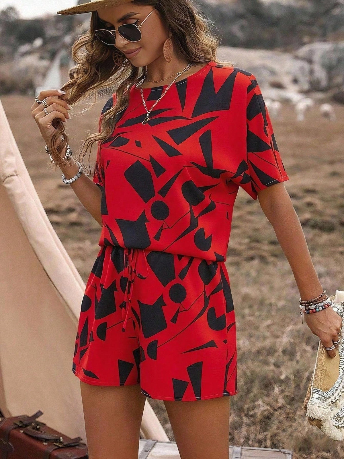 Casual Fashionable And Trendy Short-sleeve Crew-neck Top With Tie-dye Design And Matching Shorts Set