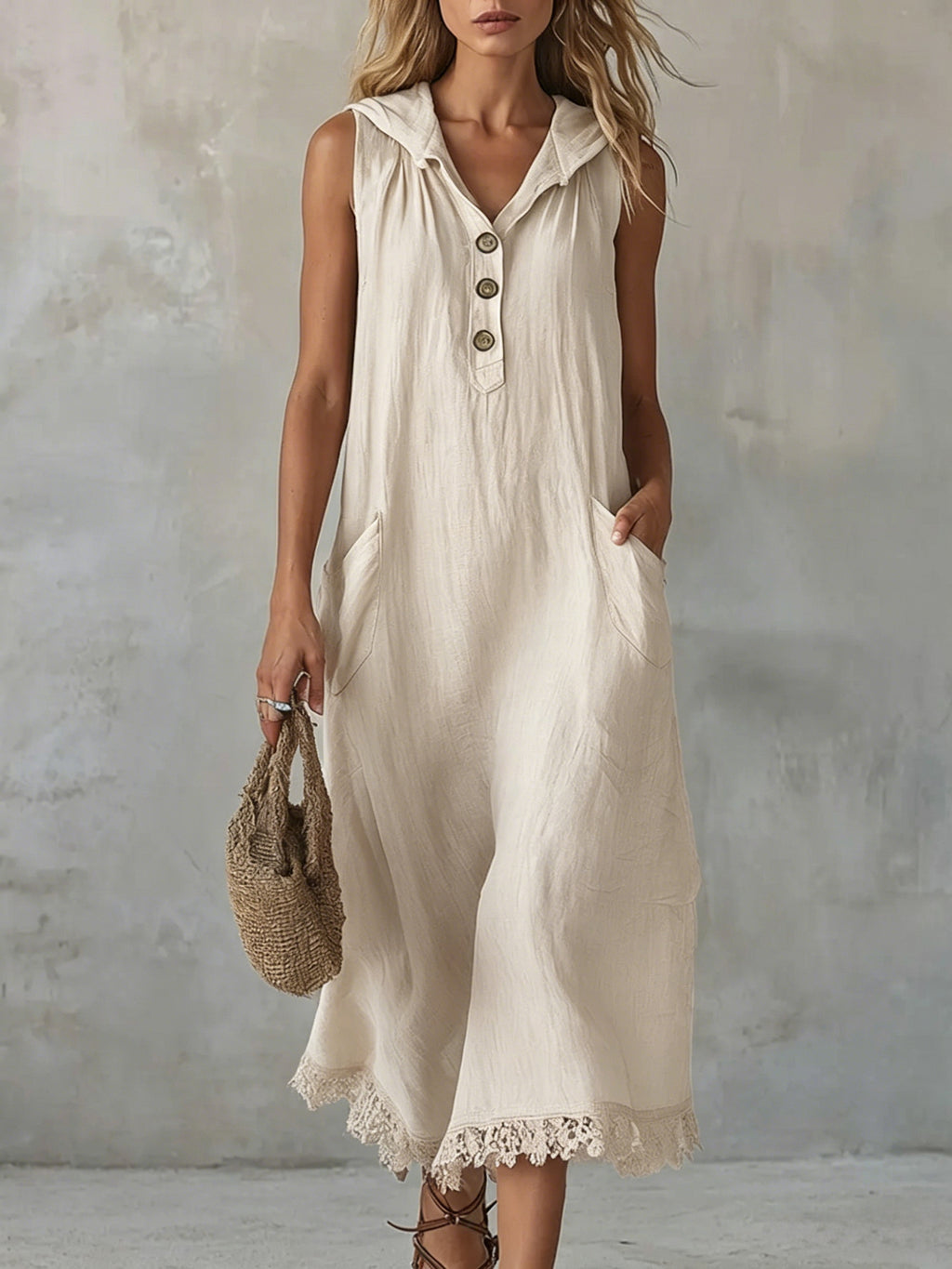 Casual Patchwork Lace-trimmed Linen And Cotton Hooded Dress