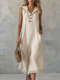 Casual Patchwork Lace-trimmed Linen And Cotton Hooded Dress