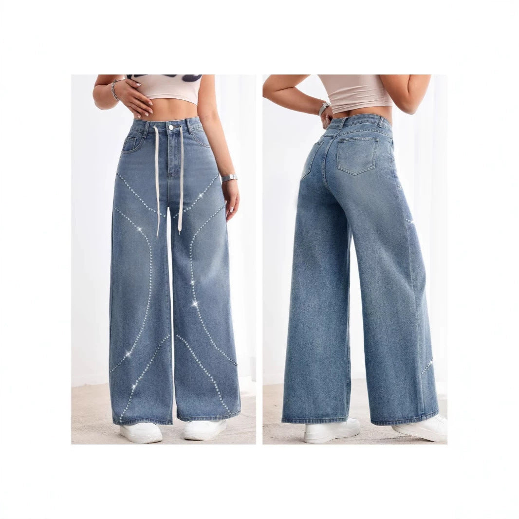 American-style Vintage Womens Washed Denim Jeans With Beadwork
